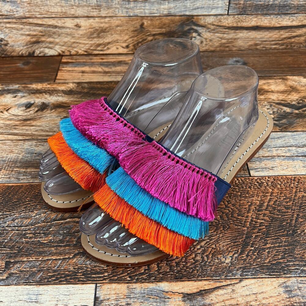 Mystique Caracas Slide Sandals Women's 9 Leather Fringe Shoe Summer Unique Fun
